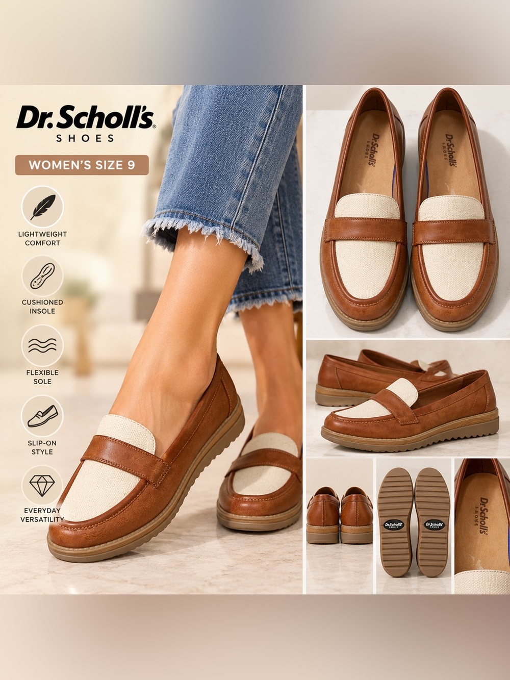 Dr. Scholl's Brown and Cream Leather-Canvas Loafers size 9
